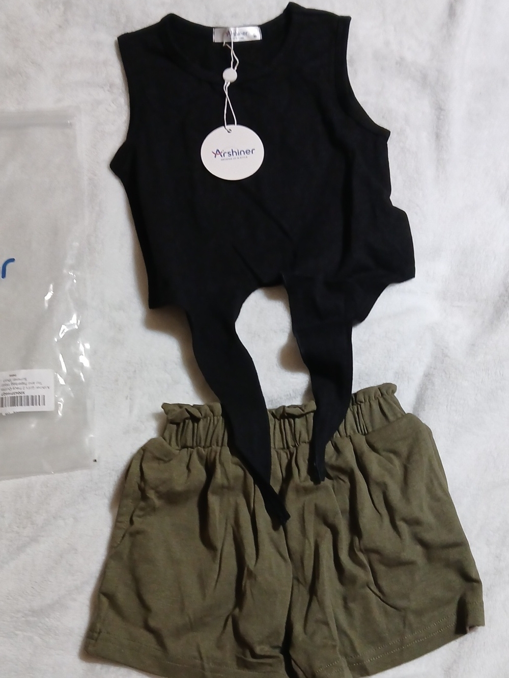 Arshiner Kids Black Tie-Front Tank & Olive Shorts Matching Set